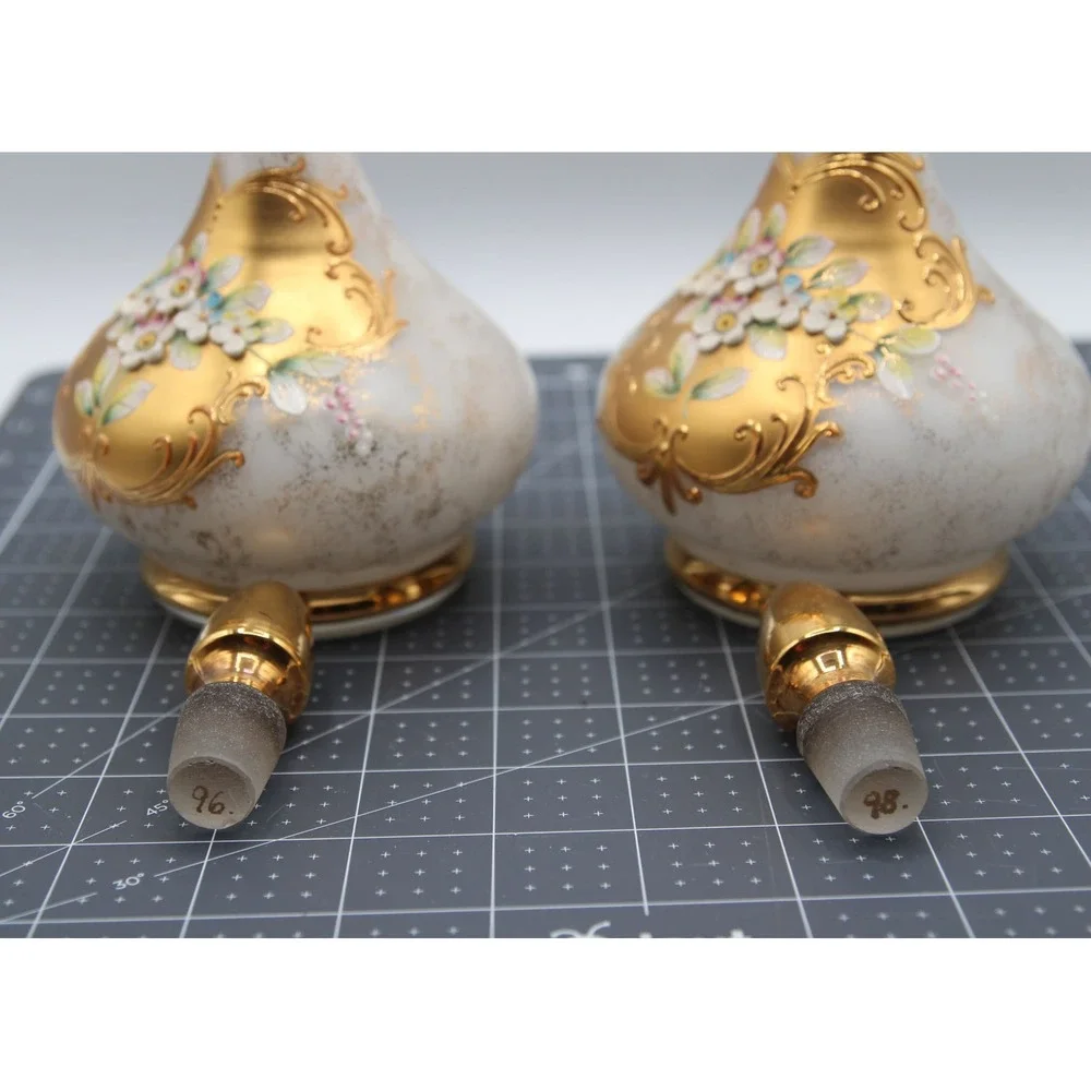 Vintage Genuine Bohemia Glass Decanters Pair Gold Encrusted Floral White 9.5in